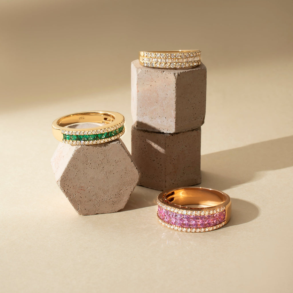 Meia aliança safiras rosas e diamantes