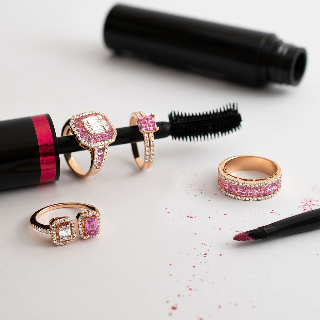 Meia aliança safiras rosas e diamantes